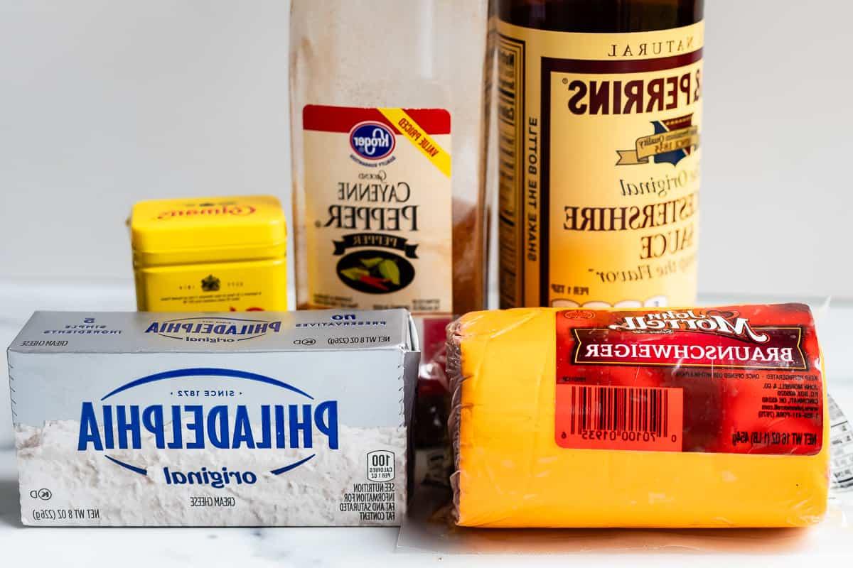 Πατέ Συκωτιού 6 Υλικά όπως μπράουνσβαϊγκερ, τυρί κρέμα, σος γουόρτσεστερ, πιπέρι καγιέν και σκόνη μουστάρδας.