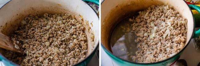 Σούπα Λαχανικών με Κιμά Γαλοπούλας (Σούπα Αδυνατίσματος) 7 draining fat from ground turkey, adding spice to ground turkey in a pot.