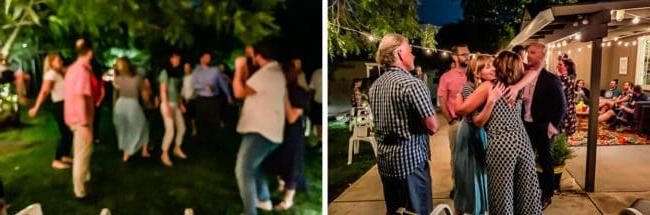 Κλασικό Τσιζκέικ 8 άνθρωποι αγκαλιάζονται σε ένα πάρτι, χορεύουν σε ένα υπαίθριο πάρτι το βράδυ.