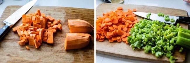 Σούπα Λαχανικών με Κιμά Γαλοπούλας (Σούπα Αδυνατίσματος) 9 chopped celery and carrots on a cutting board, chopped sweet potato with a knife.