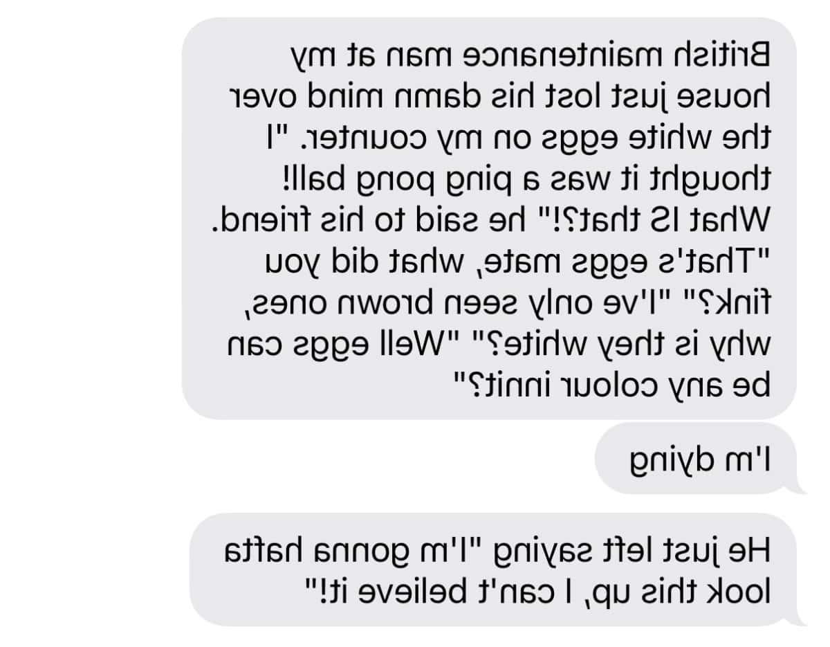 Στιγμιότυπο μηνύματος κειμένου σχετικά με τα λευκά έναντι των καφέ αυγών.