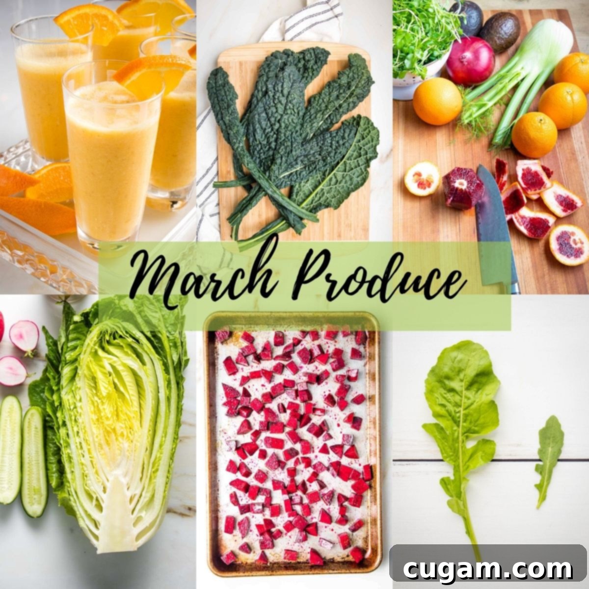 6 photos with handwritten across center "march produce" oranges, kale, arugula, beets, lettuce. bright and colorful.