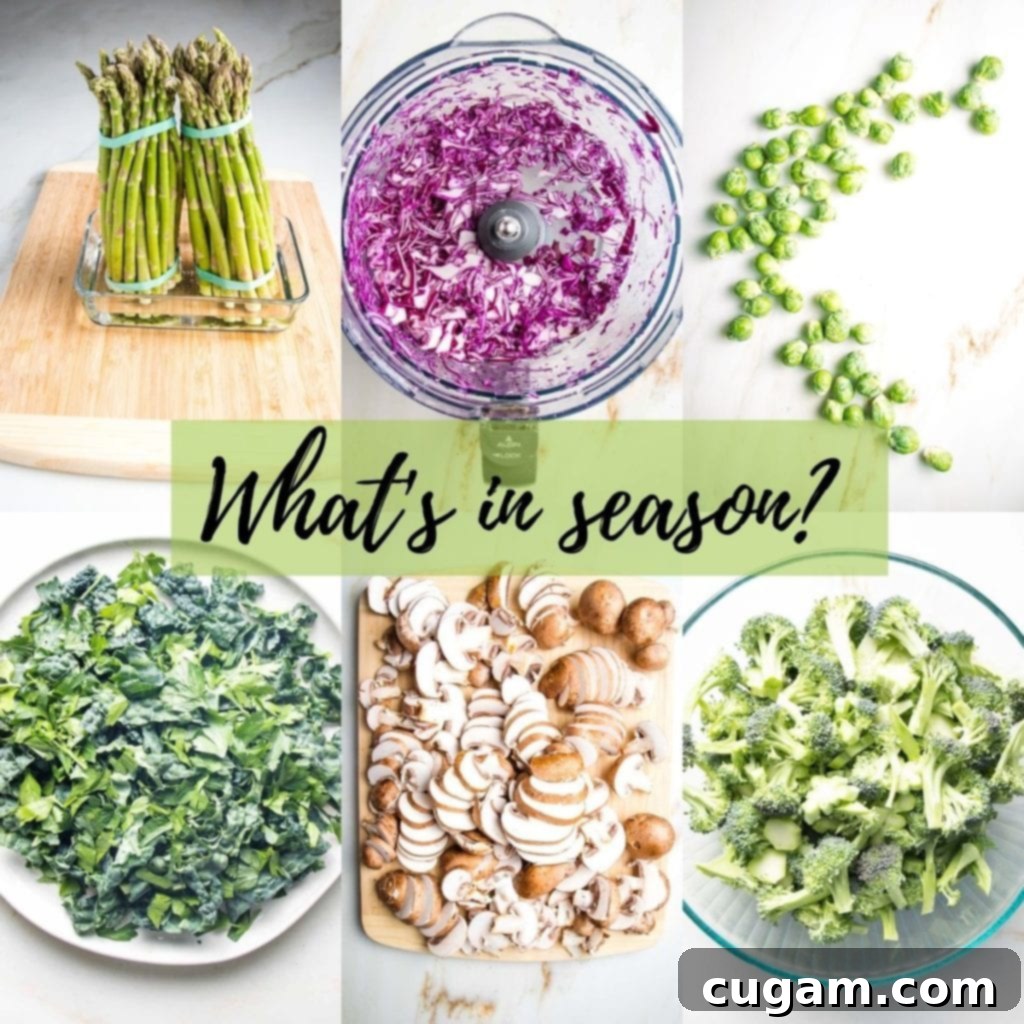 Photo grid. overlay in light green with black script:  What's in Season.  Photos:  1.  2 bunches asparagus, 2. Food processor bowl with shredded purple cabbage3.  Artfully scattered brussels sprouts on a white marble counter.  Bottom Row: White rimmed plate with greens; cutting board with sliced baby bella mushrooms; bowl of raw broccoli floorets. 