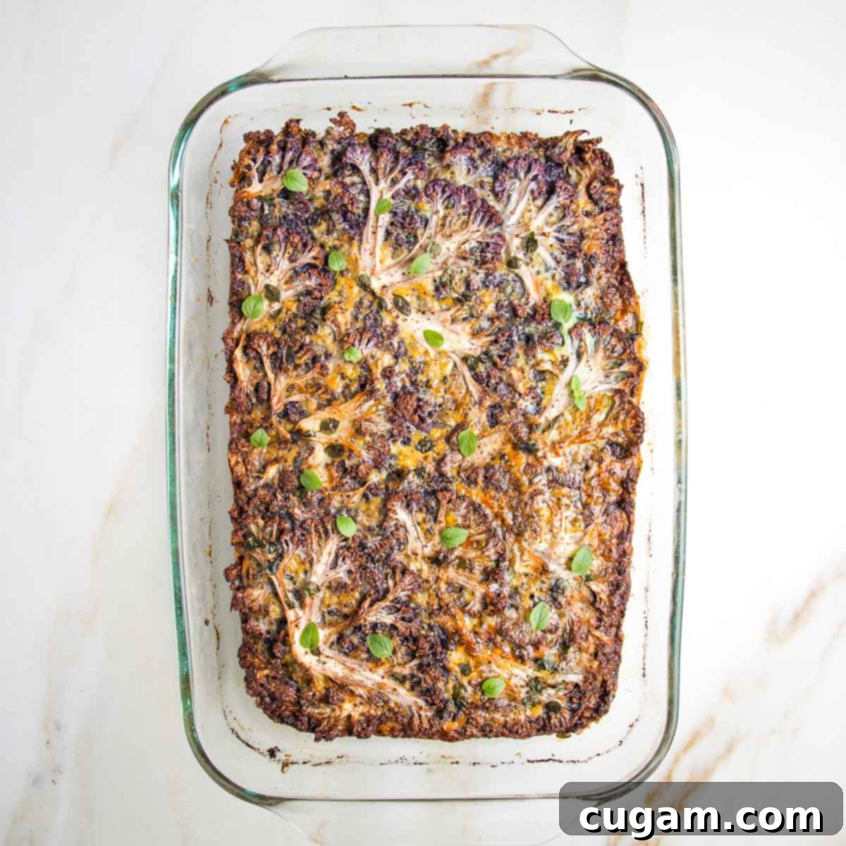 Baked cauliflower kugel in 9 x 13 pyrex.
