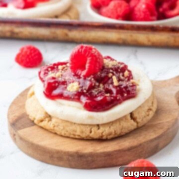 Creamy Raspberry Cheesecake Delights 11 Raspberry pie filling on top of cheesecake cookie on white plate.