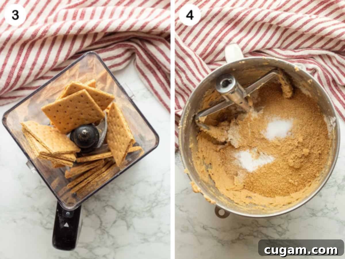 Creamy Raspberry Cheesecake Delights 5 Graham crackers being pulsed into fine crumbs in a food processor, alongside a bowl containing dry ingredients like flour and salt.