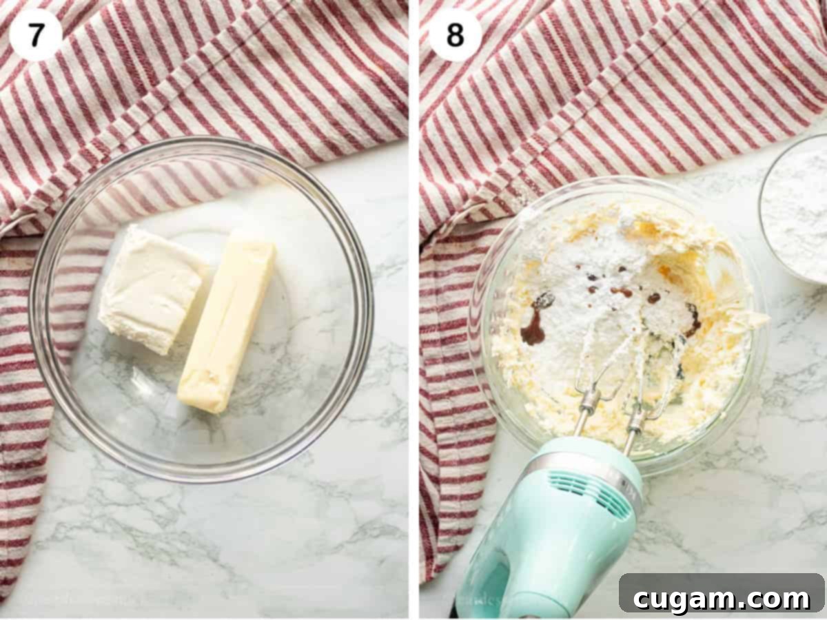 Creamy Raspberry Cheesecake Delights 7 Two images: softened cream cheese and butter mixing in a glass bowl, and powdered sugar with vanilla extract ready to be added for frosting.
