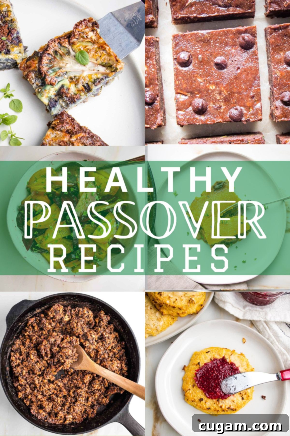 Nourishing Passover 2025: 60+ Wholesome Recipes for a Delicious Celebration 2 Collage of food photos including brownies, rolls, kugel and vegan beef with a banner across that says "healthy passover recipes"
