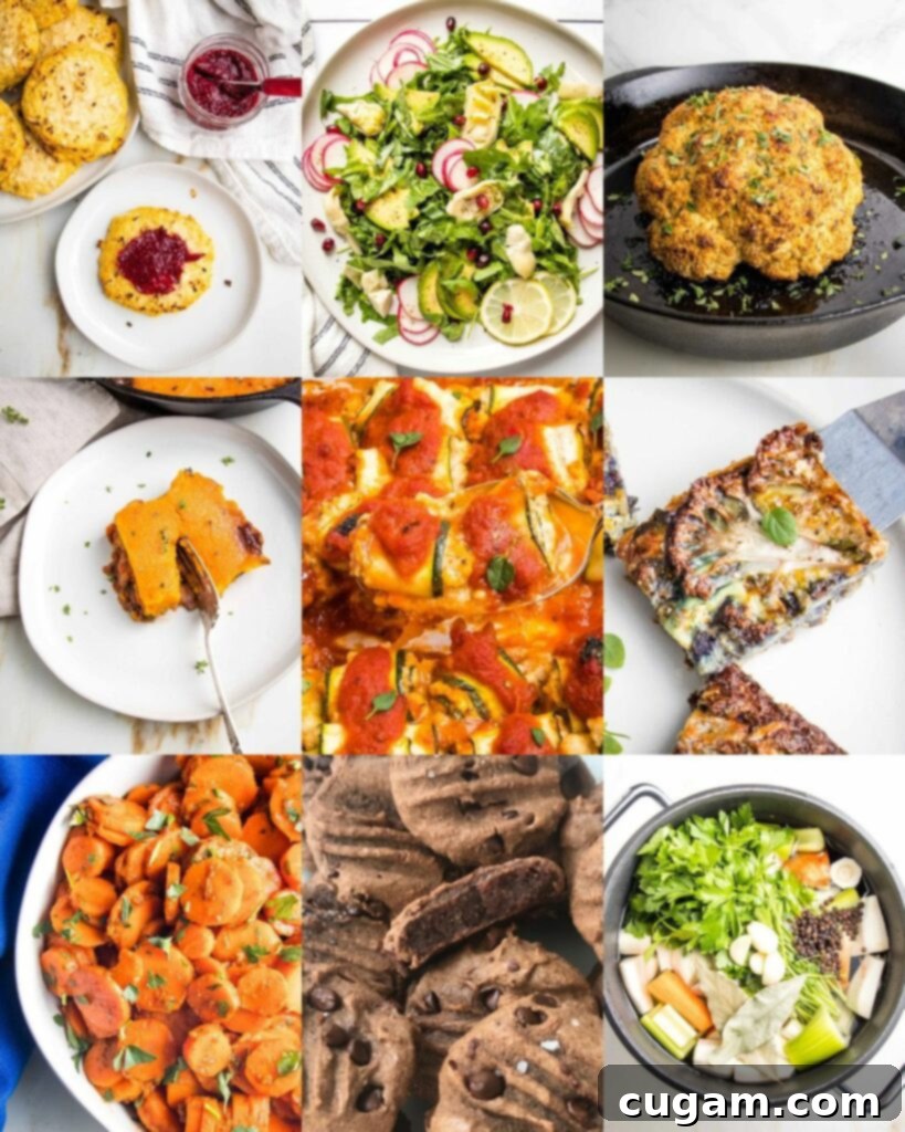 Nourishing Passover 2025: 60+ Wholesome Recipes for a Delicious Celebration 4 Grid of 9 photos of passover recipes: cauliflower rolls, arugula salad, whole roasted cauliflower, sheperds pie, zucchini rollatini, cauliflower kugel, moroccan carrots, double chocolate cookies, veggie broth