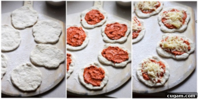 Process shots showing pizzettes fresh out of the oven, ready for shrimp topping.