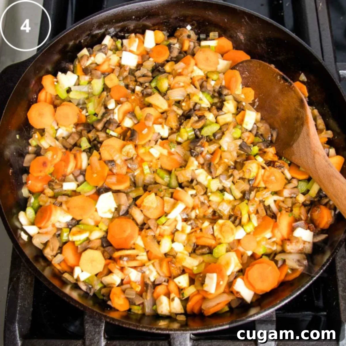 Sauteed veggies and herbs for vegetable filling in shepherd's pie. 