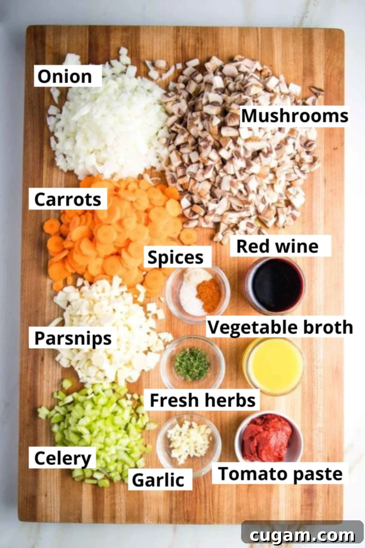 Labeled ingredients: onion, mushroom, carrots, parsnips, celery, vegetable broth, tomato paste, red wine, spices, garlic.