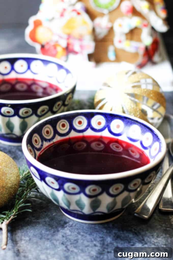 Borscht in traditional Polish bowls and Christmas decorations