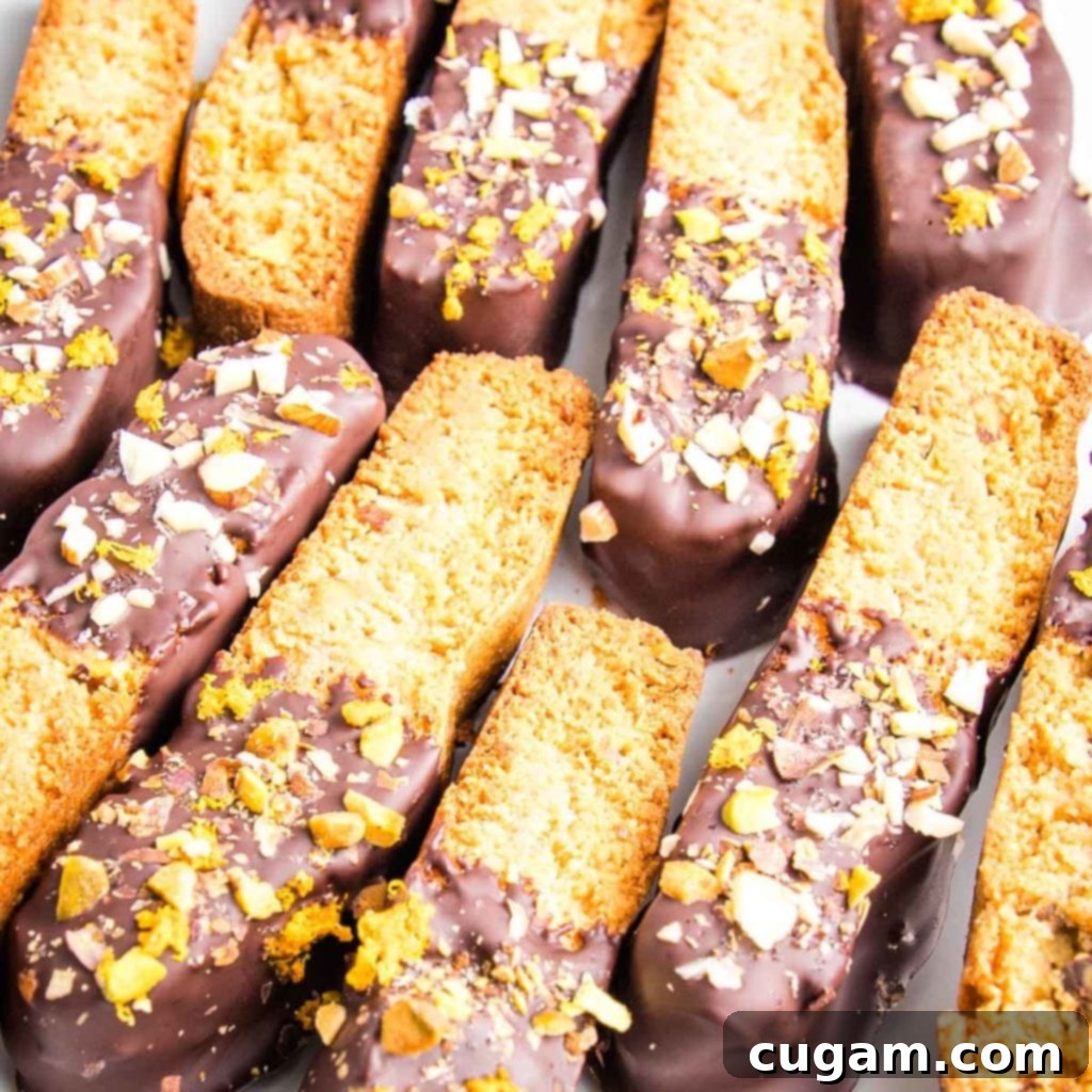 Close up of a tray of biscotti that have been half dipped in dark chocolate and then dusted with sea salt, chopped nuts and orange zest.