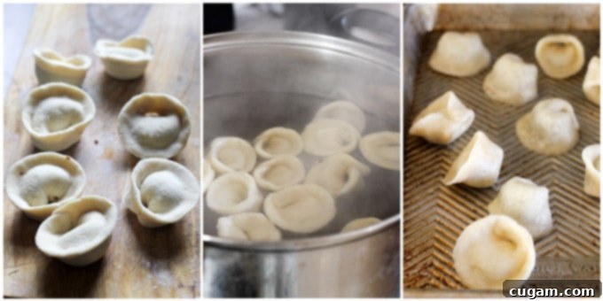 Process shots of freshly boiled Uszka being removed from water and placed on a drying surface.