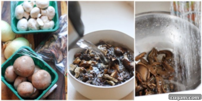 Preparation sequence for mushroom filling: cooked porcini, sautéed fresh mushrooms, and chopped onions.