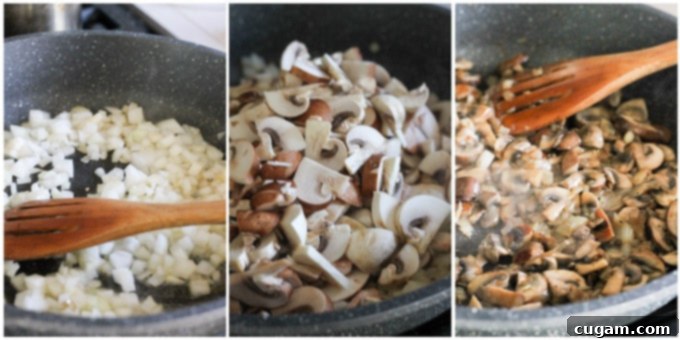 Next steps in mushroom filling prep: combining ingredients in a food processor.