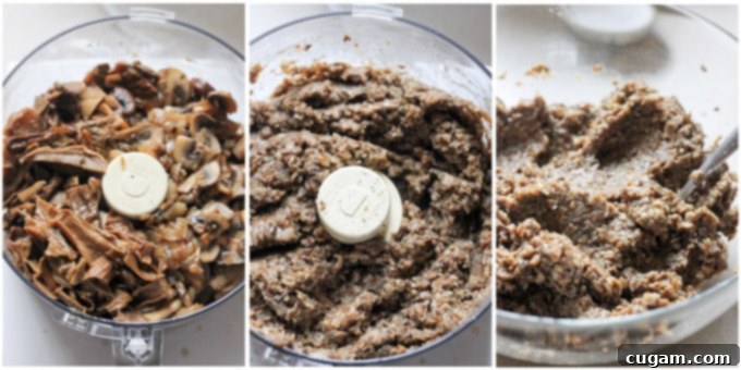 Final stage of mushroom filling: pulsed mixture in a bowl, ready for pierogi.