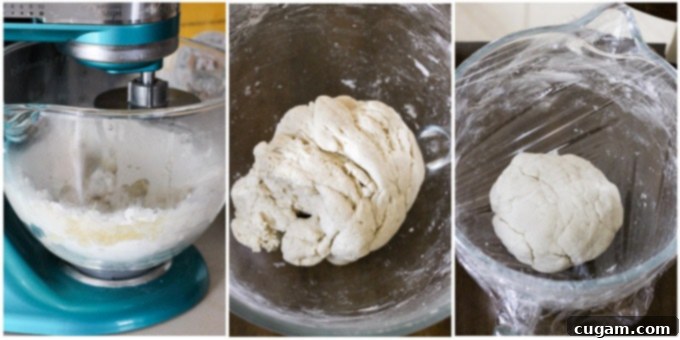 Process shot of mixing pierogi dough in a stand mixer.
