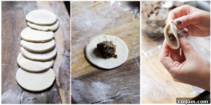 Process shots showing how to fill and fold Uszka (mushroom pierogi).