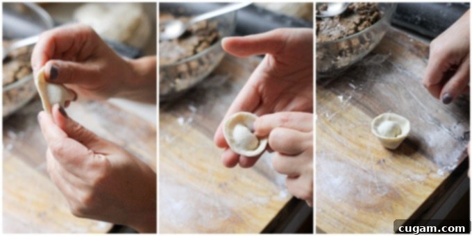 Process shots demonstrating the final shaping of Uszka into 'ear' dumplings.