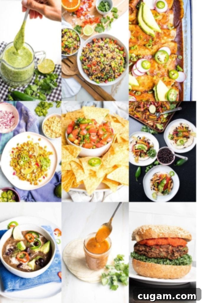 Cinco de Mayo Recipes: 9 grid of photos: Avocado dressing, southwest quinoa salad, enchilada casserole, mexican street corn salad, fresh tomato salsa, veggie fajitas, black bean soup, enchilada sauce, black bean burrito.