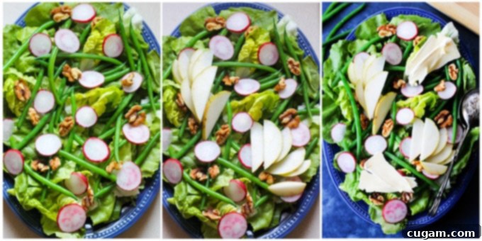 Process shots of preparing French salad, showing final dressing and presentation.