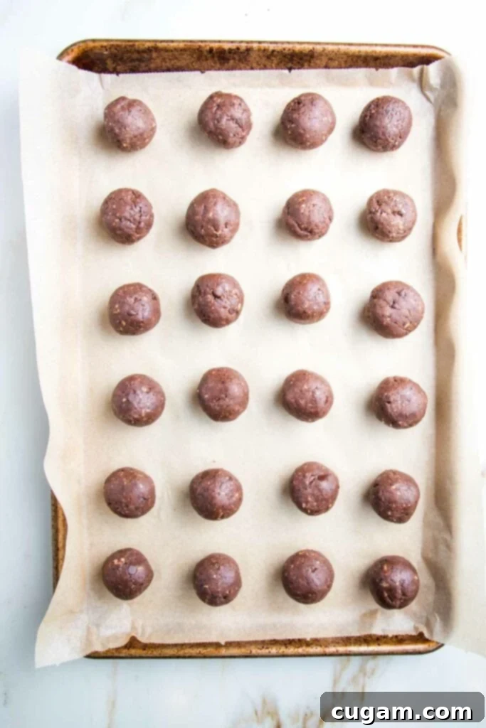 Rimmed baking tray, lined with parchment, neat rows of chocolate cookie balls lined up on tray.