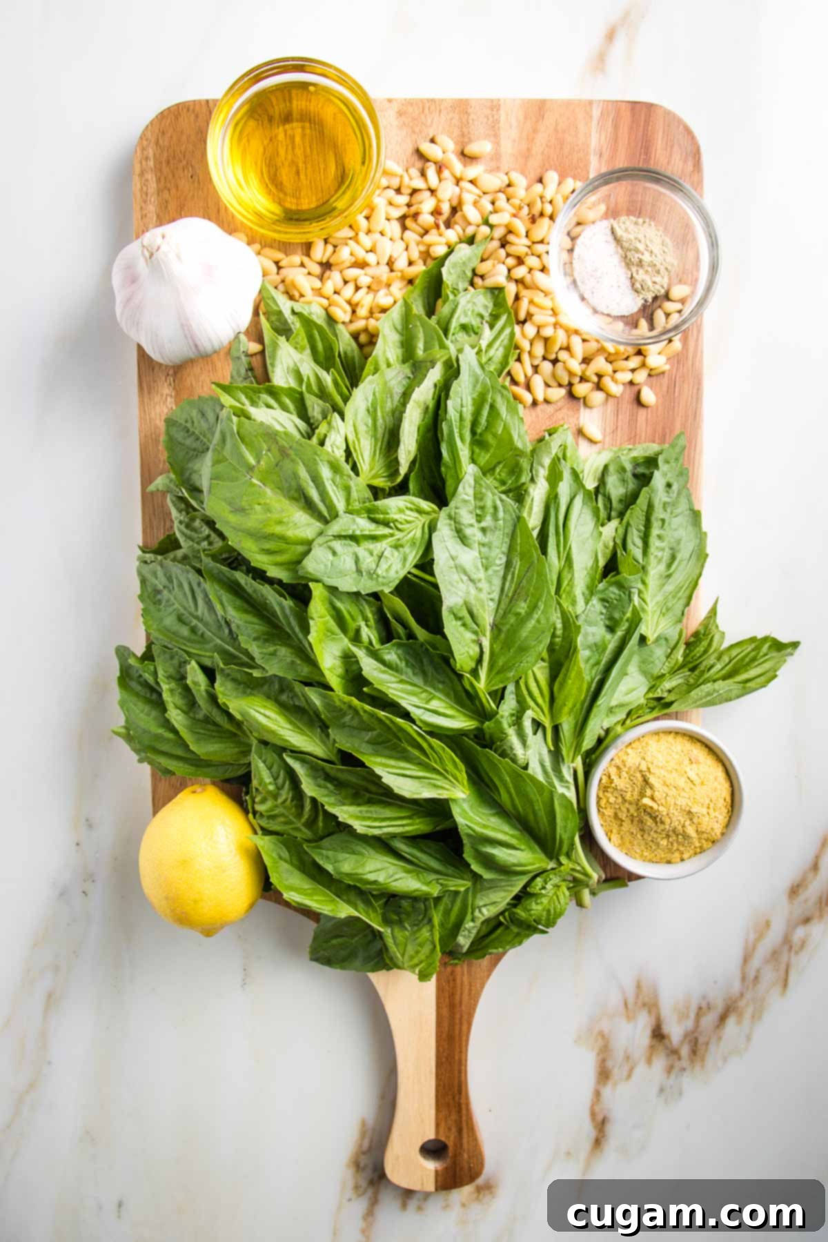 Close-up of fresh basil leaves ready for pesto, surrounded by a head of garlic, a lemon, scattered pine nuts, a small dish of nutritional yeast, and another small dish with salt and pepper on a wooden cutting board.