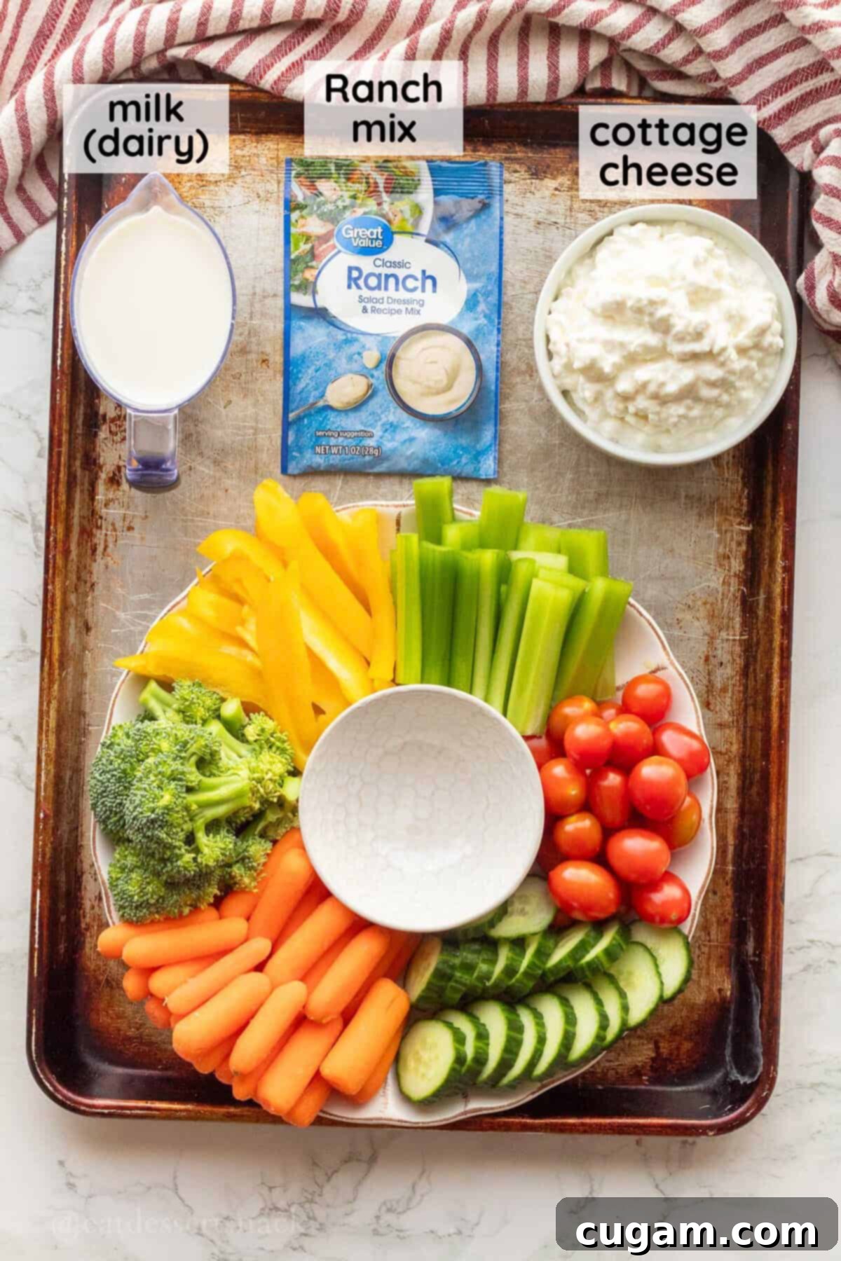 Labeled Ingredients for homemade ranch cottage cheese dip, including cottage cheese, ranch seasoning, and milk.