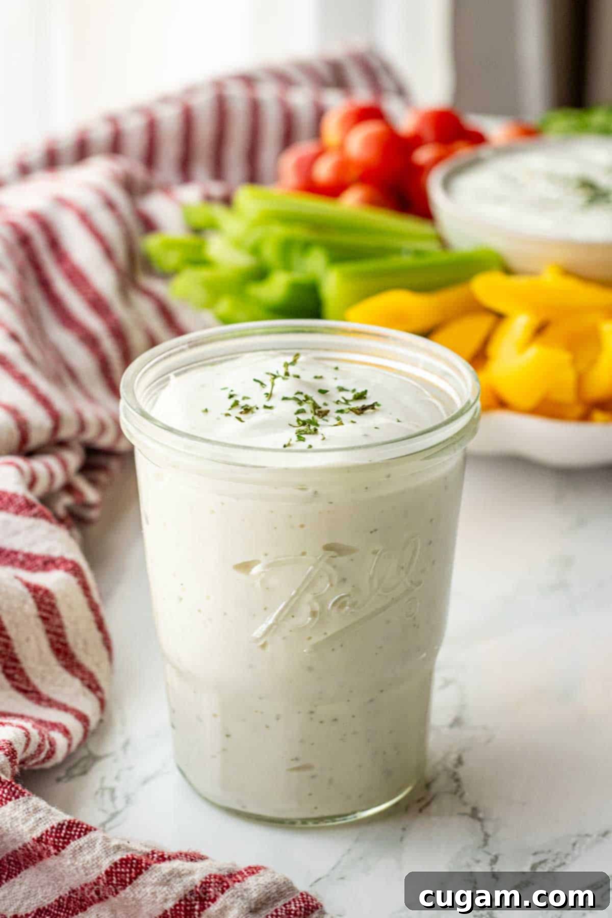 Jar of ranch dip on a marble countertop, garnished with fresh herbs, ready to serve.