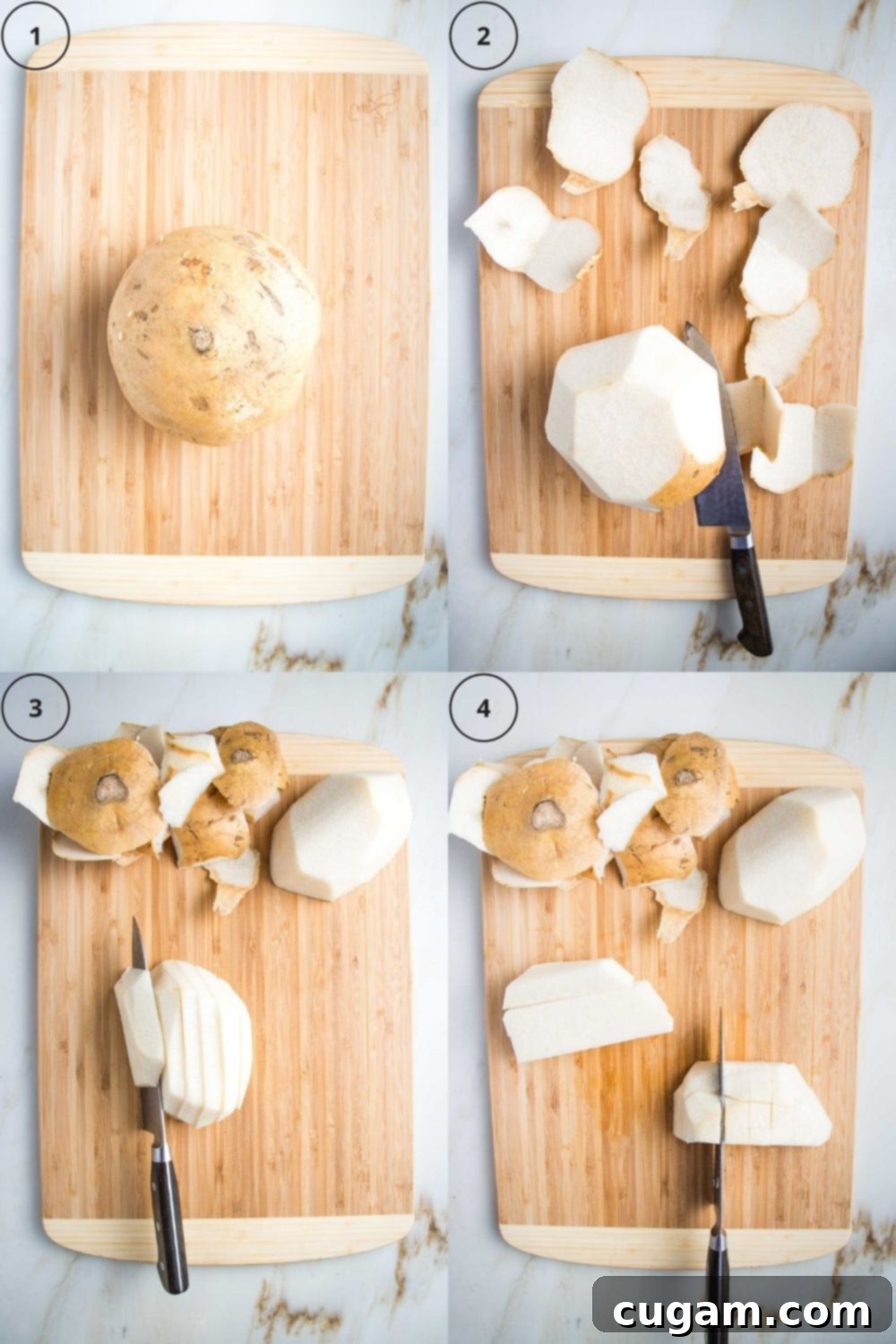 4 photo grid showing how to prepare jicama: 1. A large round jicama on a wooden board. 2: shows a chef's knife trimming off the skin. 3: slicing the jicama lengthwise. 4: turning slices the other way and cutting, then making cubes.