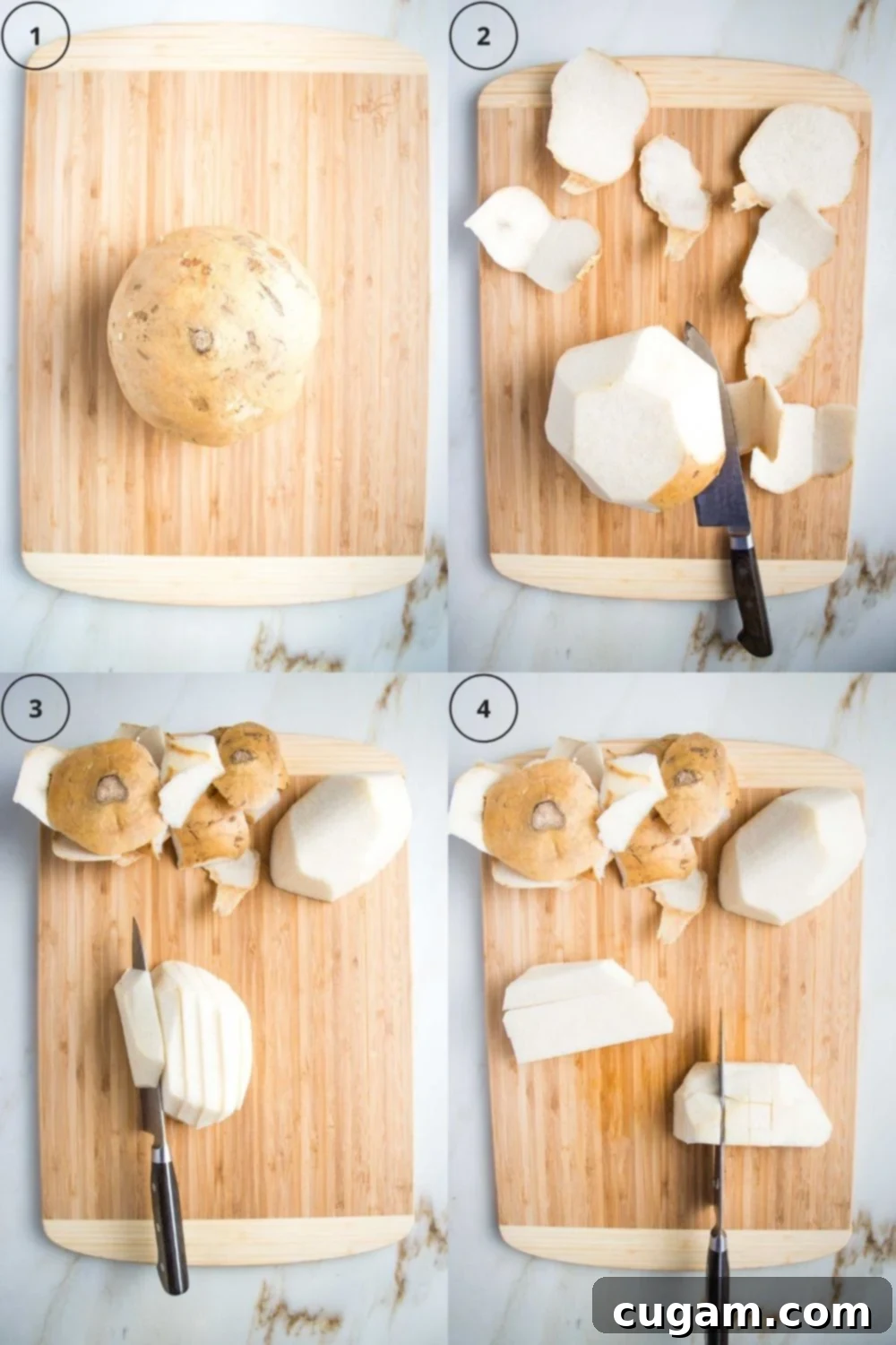 4 photo grid showing how to prepare jicama: 1. A large round jicama on a wooden board. 2: shows a chef's knife trimming off the skin. 3: slicing the jicama lengthwise. 4: turning slices the other way and cutting, then making cubes.