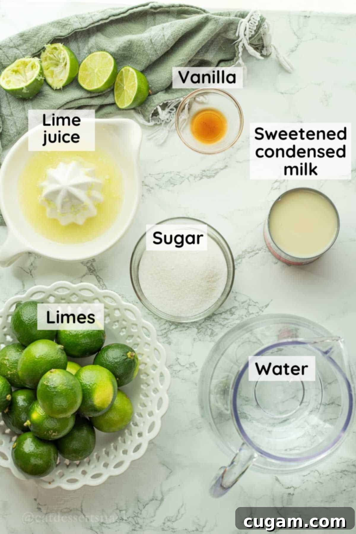 Bowls of water, granulated sugar, fresh lime juice, vanilla extract, and a can of sweetened condensed milk, arranged on a marble countertop for making Brazilian limeade.