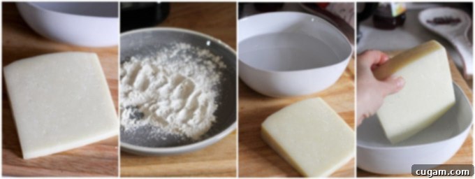 Process steps for making Saganaki: cheese, water, flour