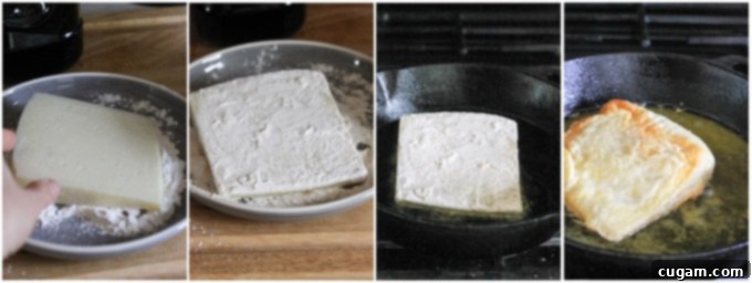 Process shots of frying saganaki in a cast iron skillet