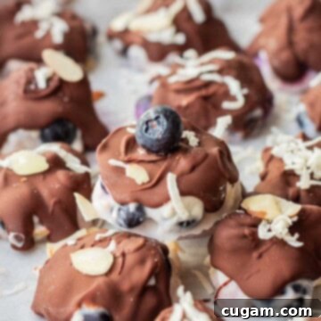 Hardened chocolate on blueberry yogurt clusters.