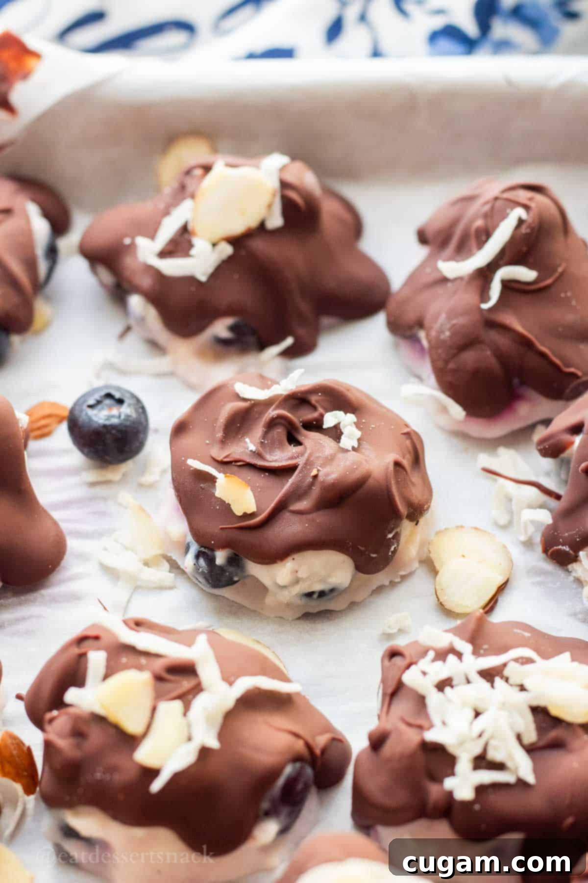 Hardened chocolate on blueberry yogurt clusters.