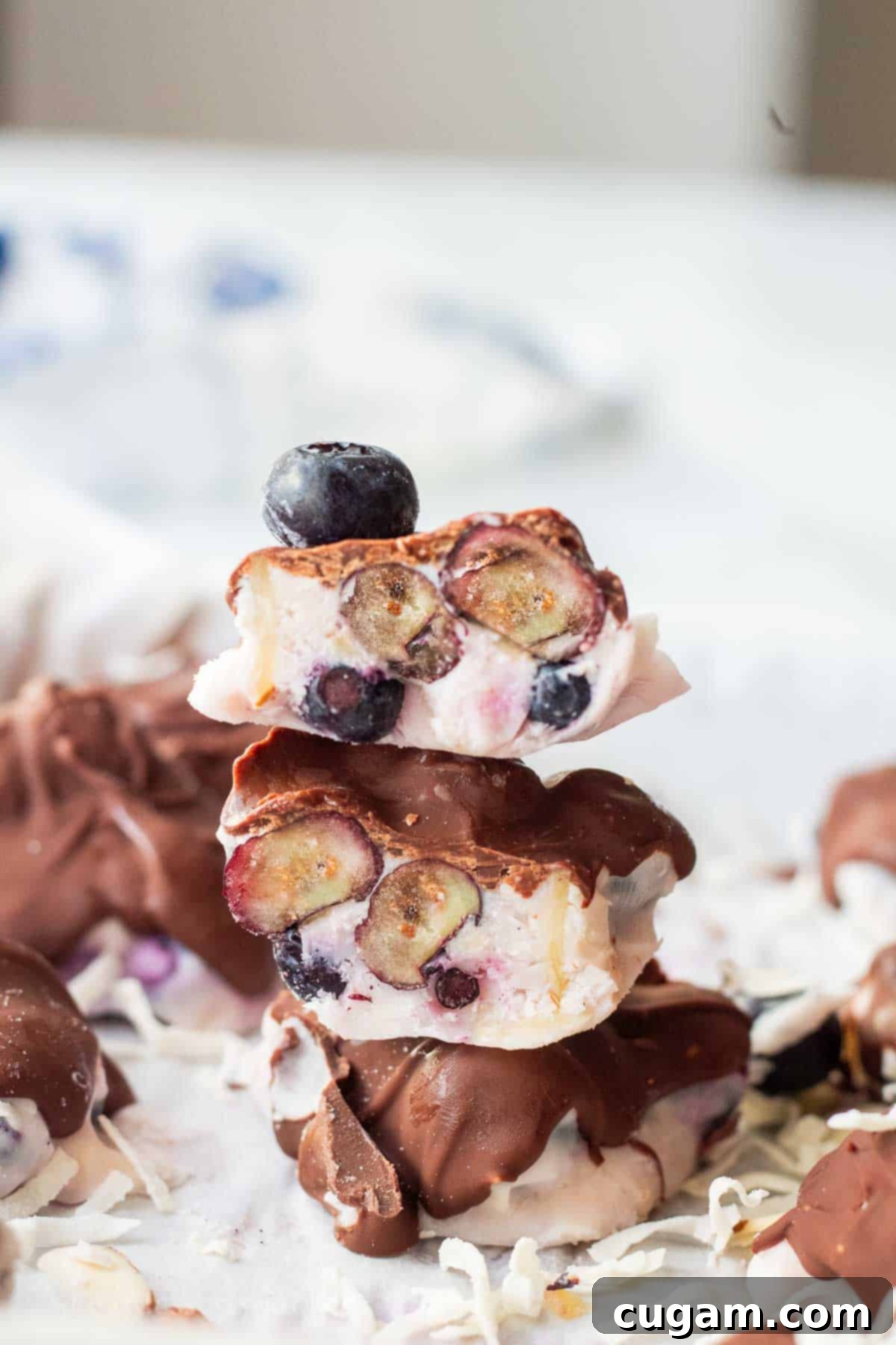 Hardened chocolate on blueberry yogurt clusters cut in half.