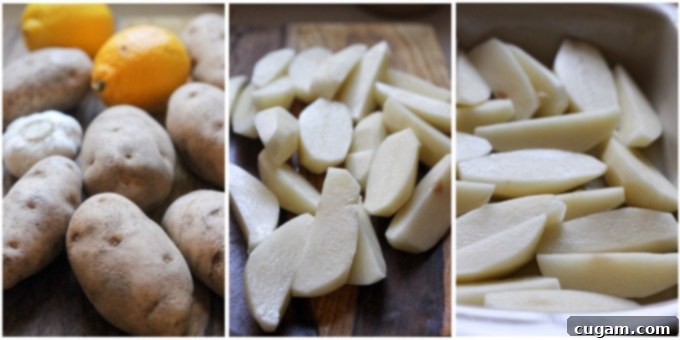 Process shots of making Greek Lemon Potatoes