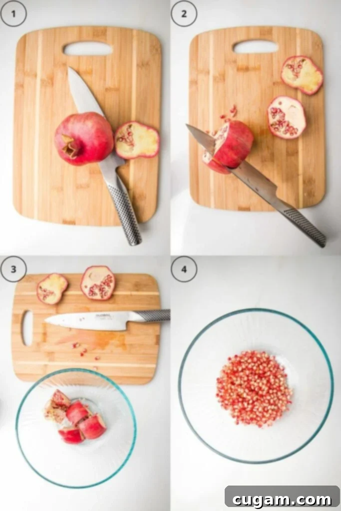 A four-panel grid of photos illustrating the step-by-step process of preparing and seeding a pomegranate cleanly and efficiently.
