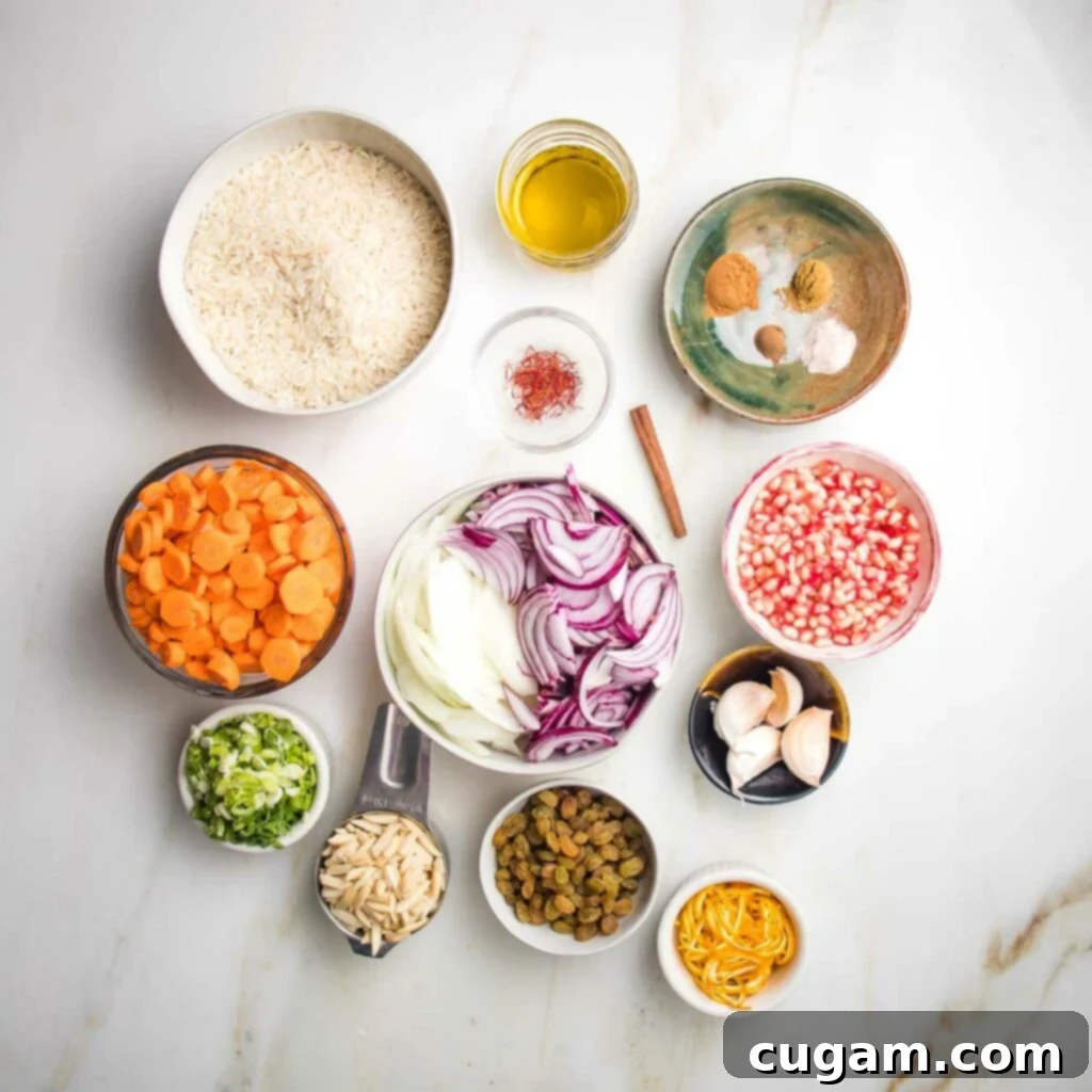 A collection of small bowls showcasing the vibrant ingredients for Jeweled Rice: fluffy white basmati rice, thinly sliced carrots, fresh scallions, colorful onions, a variety of fragrant spices, golden saffron, a cinnamon stick, aromatic garlic cloves, plump golden raisins, delicate slivered almonds, and fragrant orange peel.