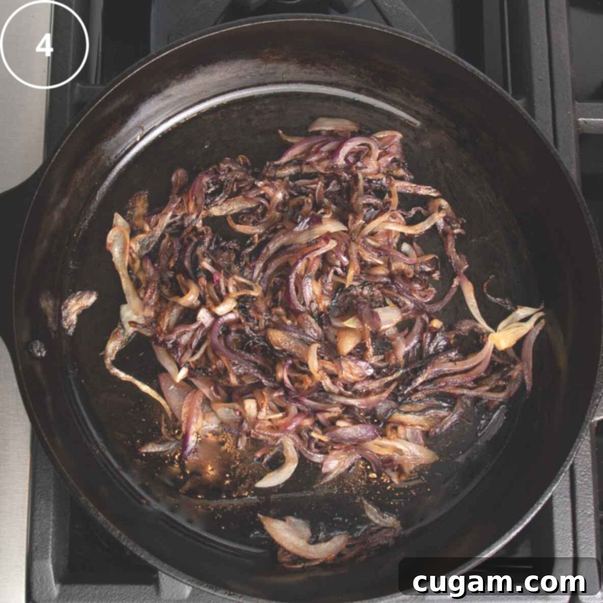 Deeply caramelized onions, rich brown and slightly crisp, resting in a cast iron skillet, having achieved their sweet and savory perfection.
