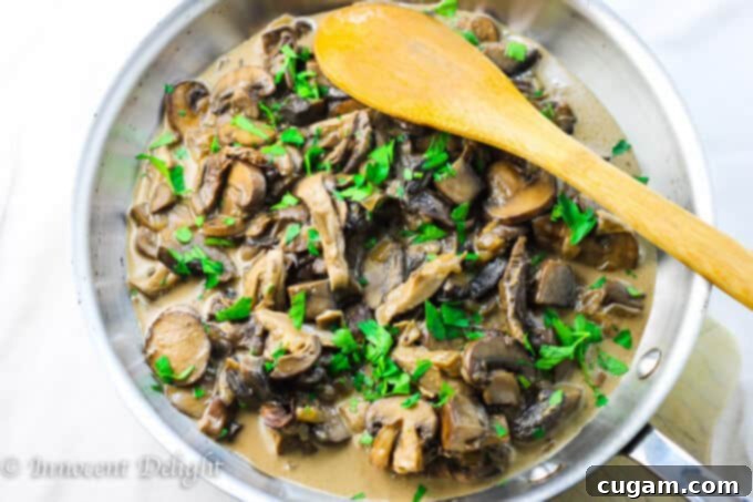 Rustic skillet filled with a generous amount of creamy wild mushroom sauce, featuring assorted mushroom pieces and fresh parsley, with a wooden spoon for serving.