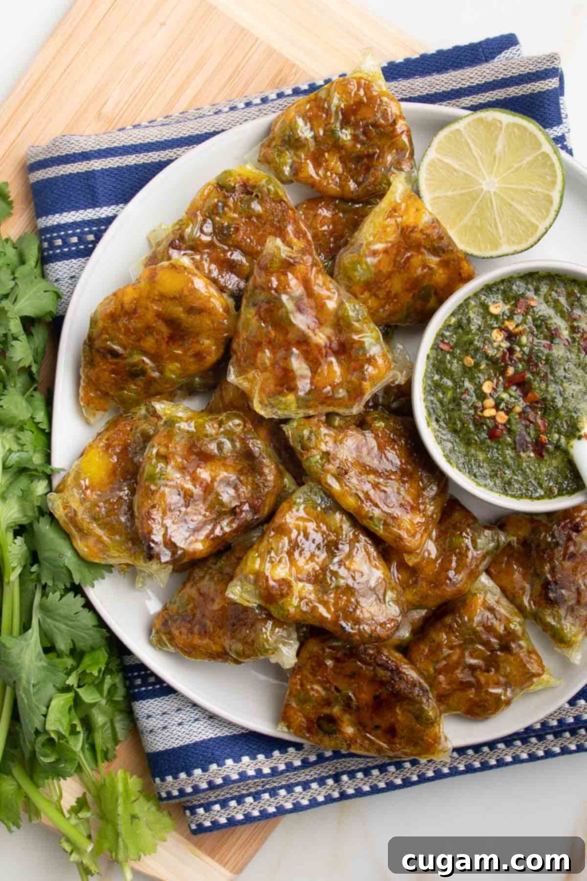 White plate, filled with mini baked samosas with a small dish of green chutney dipping sauce. 