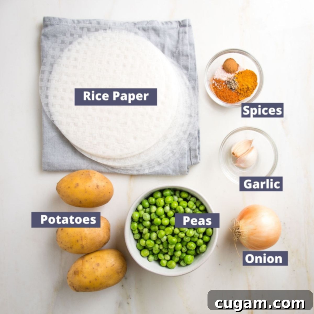 Labeled ingredients for baked samosa recipe: Rice paper wrappers, spices, garlic, onion, green peas and yukon gold potatoes