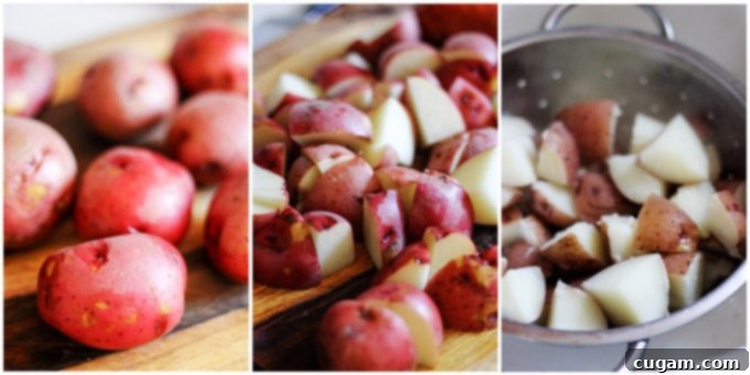 Process shots of preparing potatoes for Spanish Potato Salad