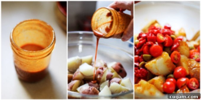 Process shots of assembling Spanish Potato Salad