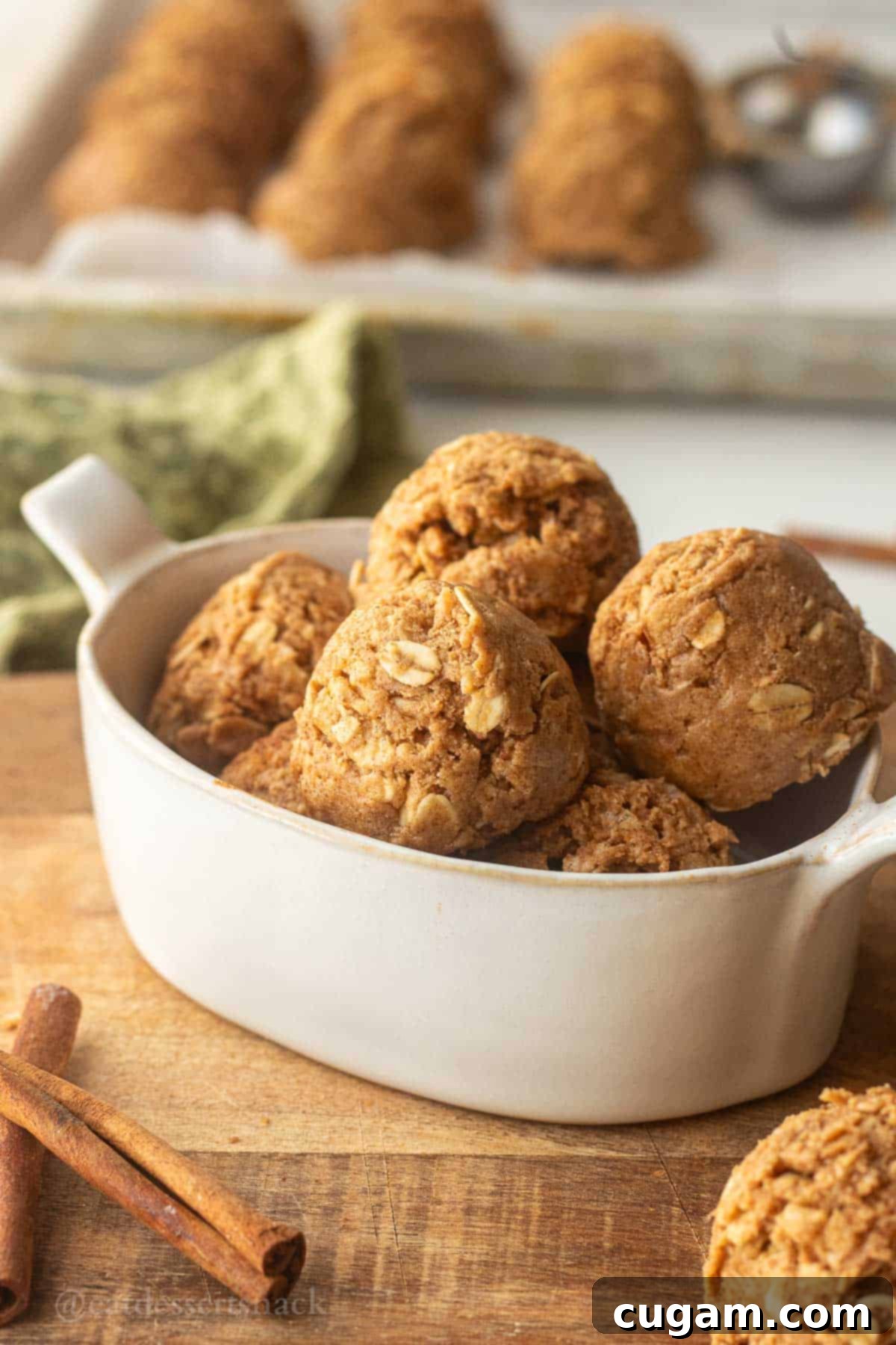 Rolled snickerdoodle protein balls in dish on cutting board with cinnamon sticks.