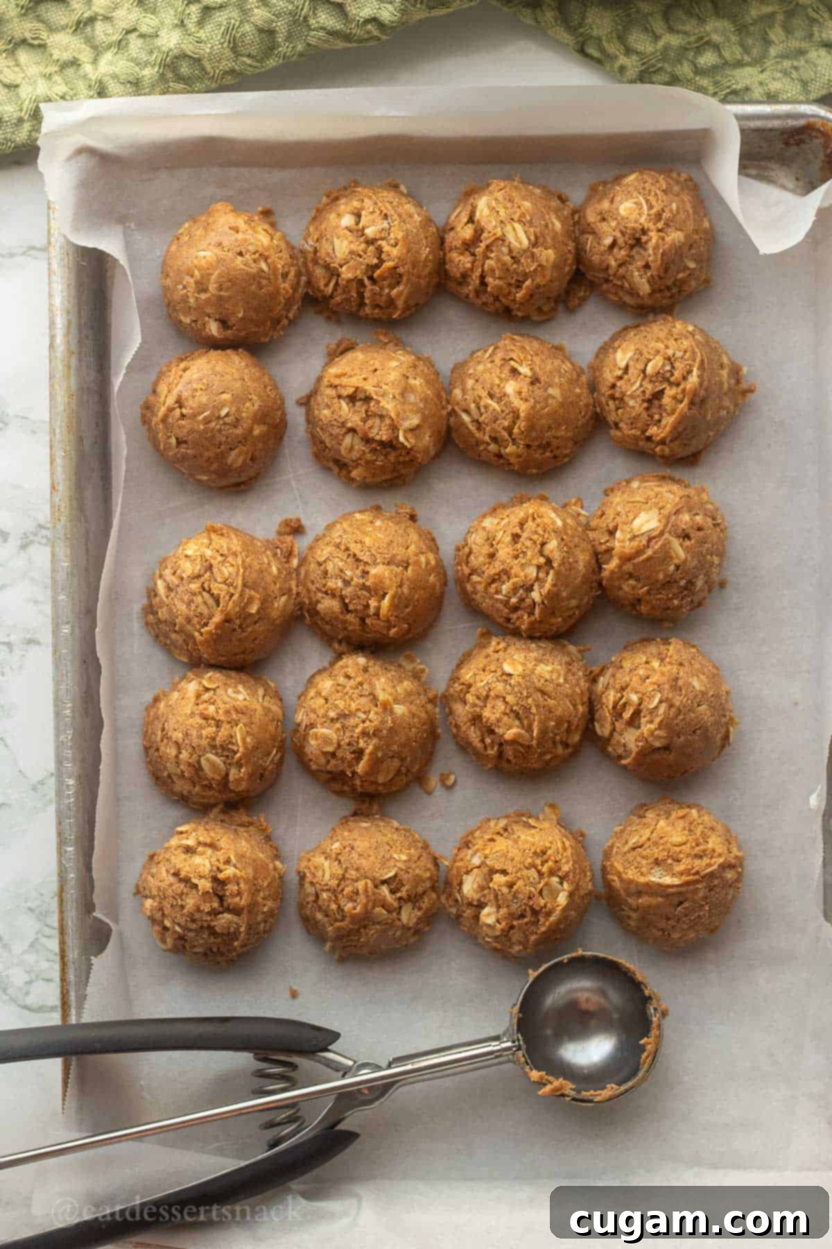 Rolled snickerdoodle protein balls in dish on metal pan.
